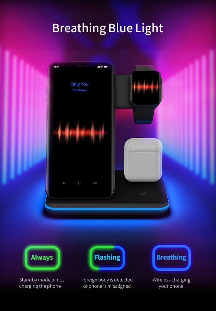 Caricabatterie wireless 3 in 1 per cellulare, smartwatch e cuffie | Supporto di ricarica rapida con luce intelligente - Compatibile con Apple e Android