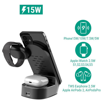 Caricabatterie wireless pieghevole 3 in 1 da 15 W | Supporto verticale per telefono, orologio e cuffie | Ricarica rapida USB-C
