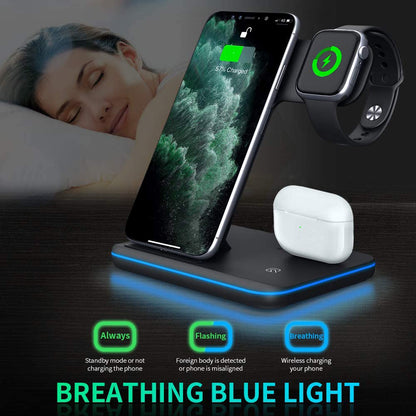 Caricabatterie wireless 3 in 1 per cellulare, smartwatch e cuffie | Supporto di ricarica rapida con luce intelligente - Compatibile con Apple e Android