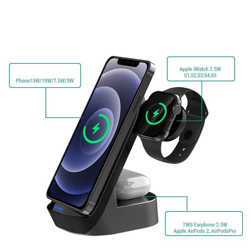 Caricabatterie wireless pieghevole 3 in 1 da 15 W | Supporto verticale per telefono, orologio e cuffie | Ricarica rapida USB-C