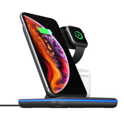 Caricabatterie wireless 3 in 1 per cellulare, smartwatch e cuffie | Supporto di ricarica rapida con luce intelligente - Compatibile con Apple e Android