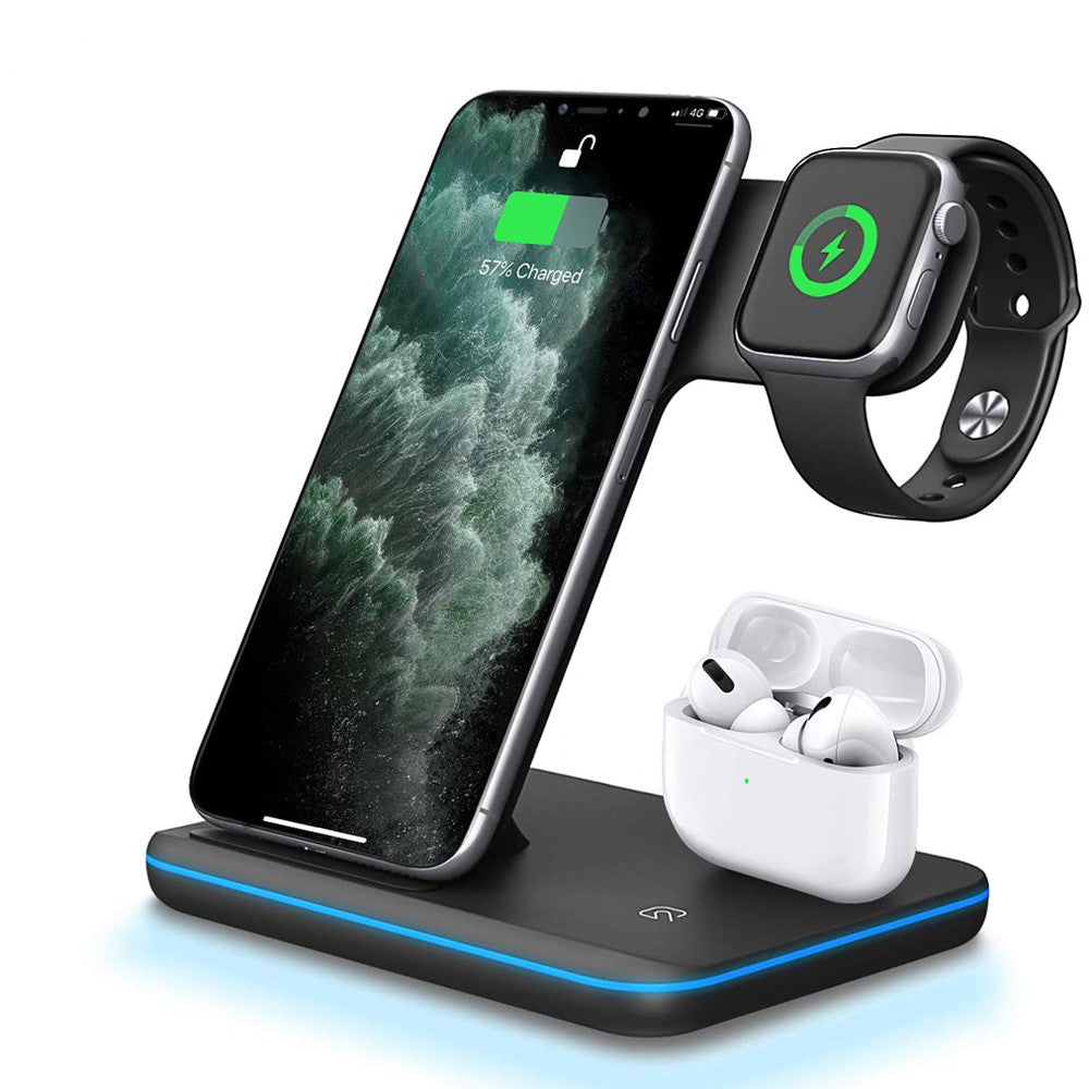 Caricabatterie wireless 3 in 1 per cellulare, smartwatch e cuffie | Supporto di ricarica rapida con luce intelligente - Compatibile con Apple e Android