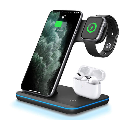 Caricabatterie wireless 3 in 1 per cellulare, smartwatch e cuffie | Supporto di ricarica rapida con luce intelligente - Compatibile con Apple e Android