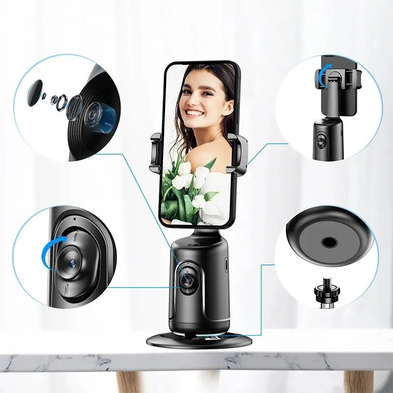 Gimbal intelligente a 360° con tracciamento facciale AI: supporto automatico per cellulare senza app, ideale per vlog, streaming live e video 