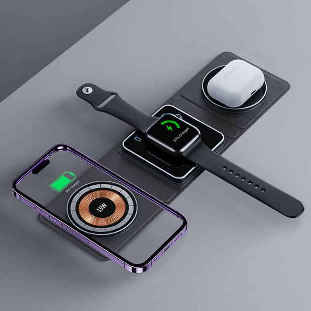 Caricabatterie wireless magnetico pieghevole 3 in 1 da 15 W – Compatibile con iPhone, Apple Watch e AirPods | Design trasparente e ricarica rapida