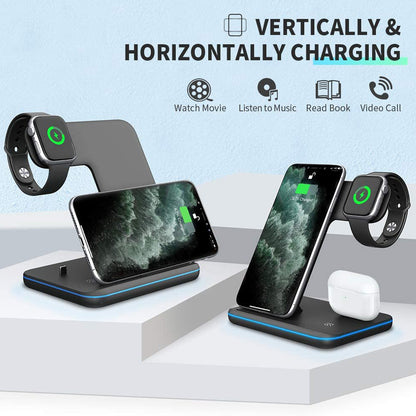 Caricabatterie wireless 3 in 1 per cellulare, smartwatch e cuffie | Supporto di ricarica rapida con luce intelligente - Compatibile con Apple e Android